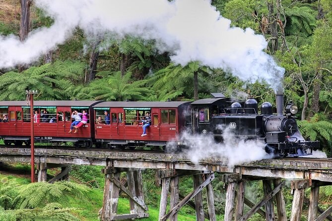 The Puffing Billy steam train crossing the timber trestle bridge in the Dandenongs