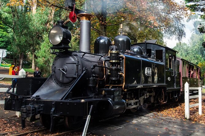 A Puffing Billy locomotive under steam beside the platform