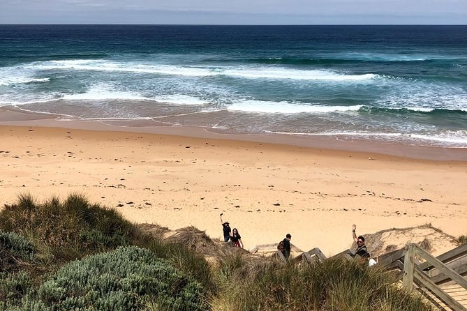 Surf rolling on to a long beach below the dunes