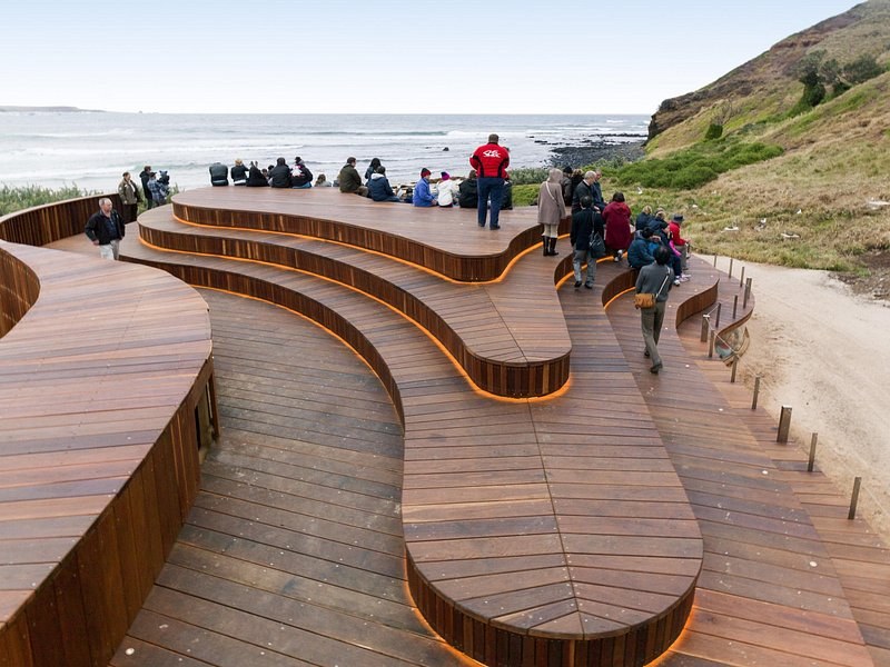 The curving timber boardwalk at The Nobbies, running out towards the headland